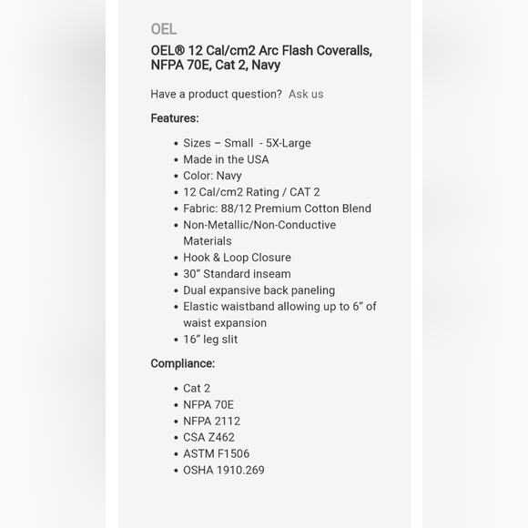 OEL Arc Flash Wear 12 CAL CM2 Navy Blue Electrician Safety Work Wear Coverall 2X - Picture 11 of 16